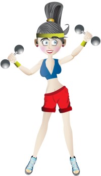 A woman in fitness gear holding a dumbbell in each hand.