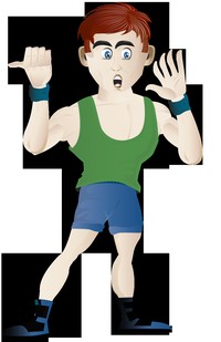 A cartoon man wearing green and blue fitness gear.