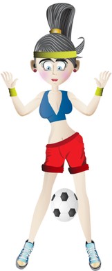 A woman in fitness gear holding a football between her legs.