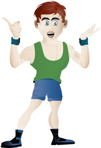 A cartoon man in a green vest and blue shorts.