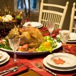 A table containing a Christmas dinner.