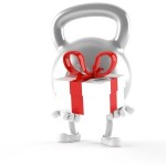 A kettlebell holding a Christmas present.