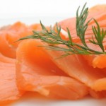 Smoked salmon on a white background.