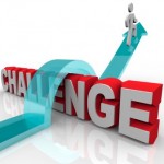 A stick man jumping over the word "challenge".