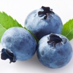A close up view of 3 blueberries.