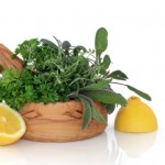 A basket of herbs with 2 half lemons either side.