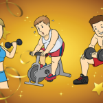 Three cartoon characters working out on a golden background.